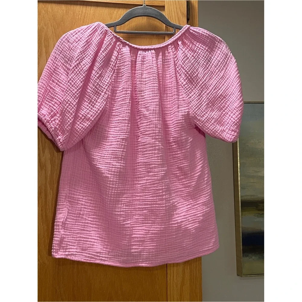 J.Crew Pink‎ Double Gauze V-Neck Puff Sleeve Blouse Top Cotton Short Sleeve XXS